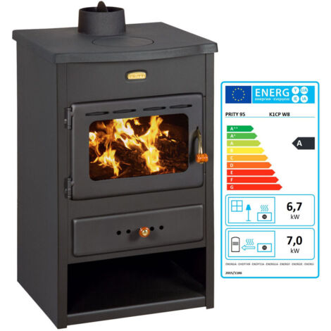 Estufa de le?a para sistema de calefacci?n central, estufa de combustible s?lido con caldera integral, potencia de calentamiento de 8+4 kw, modelo con hierro fundido Lid "Prity K1 CP W8"