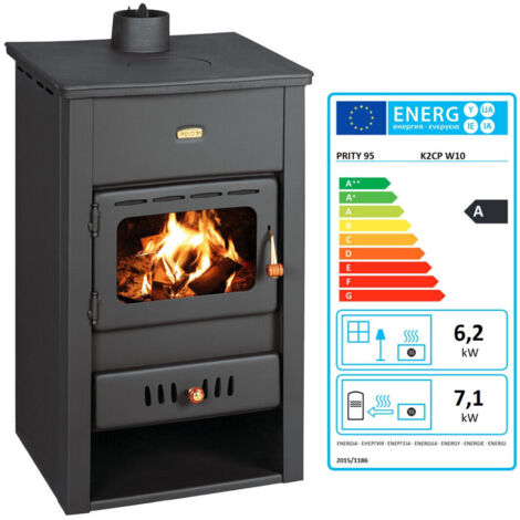 Estufa de leña Prity K2 CP W10 – 13,3 kW, Negro Grafito, Encimera de Hierro Fundido, Caldera Integrada