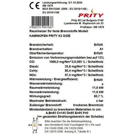 Estufa de leña Prity K2 GT 8,1 kW EEK A+ con paneles laterales pintados