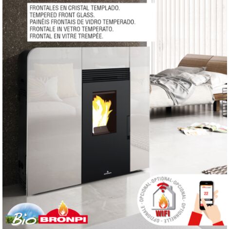 ESTUFA DE PELLET BRONPI MODELO CLEO EXTRAPLANA 13 KW CRISTAL BLANCO