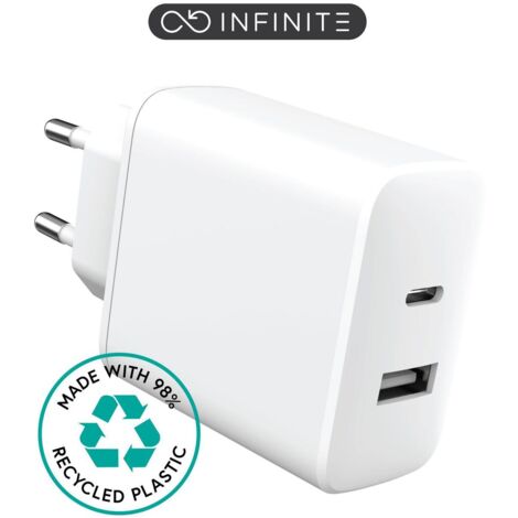 eSTUFF INFINITE EU USB-Ladegerät, 1x USB-C PD 20W, 1x USB-A 12W, Weiß, 98% recycelter Kunststoff, ES637031-BULK