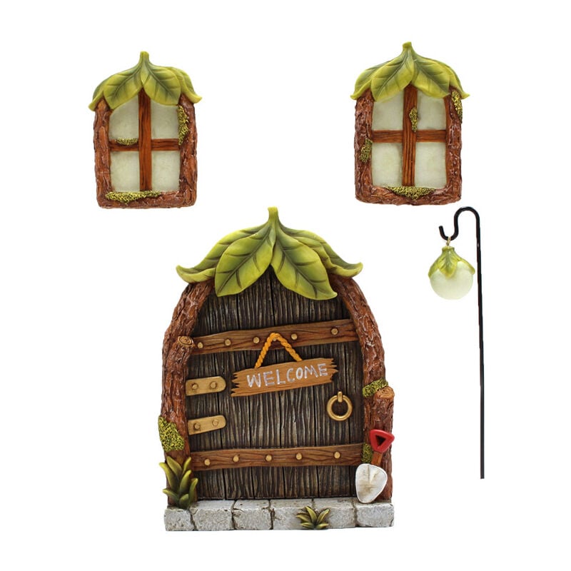 Linghhang - et Fenêtre de Fée Miniatures Lumineux,Fenêtre et Porte de Maison Miniature,Statues Arbre de Porte et de Fée gnome Miniature,Décoration de