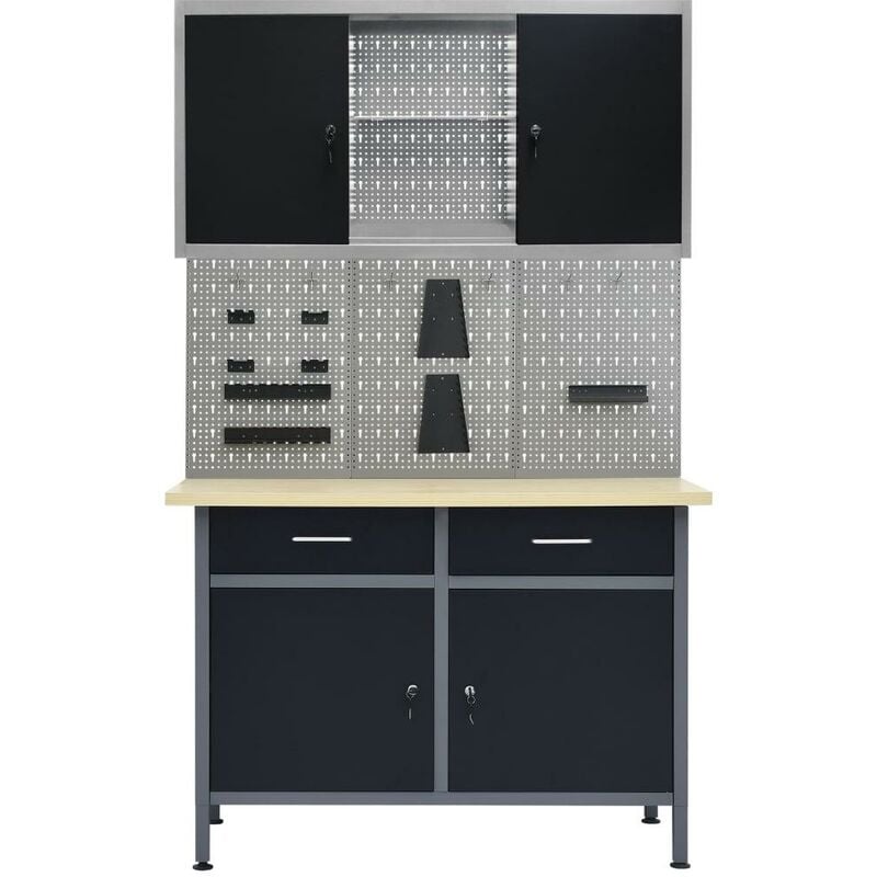 Helloshop26 - Etabli 120 cm avec 3 panneaux muraux et 1 armoire atelier table de travail gris noir
