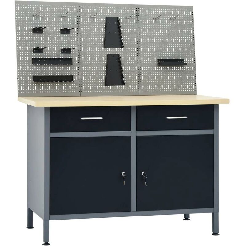 Etabli 120 cm avec 3 panneaux muraux et 1 armoire atelier table de travail gris noir - Gris