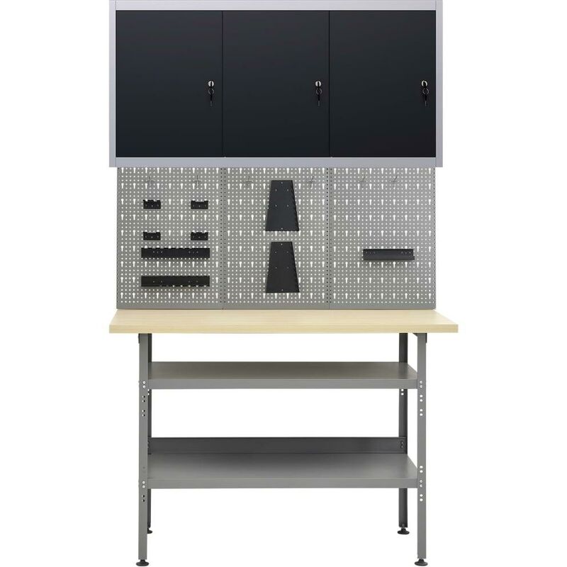 Etabli 120 cm avec 3 panneaux muraux et 1 armoire garage table de travail gris noir - Gris