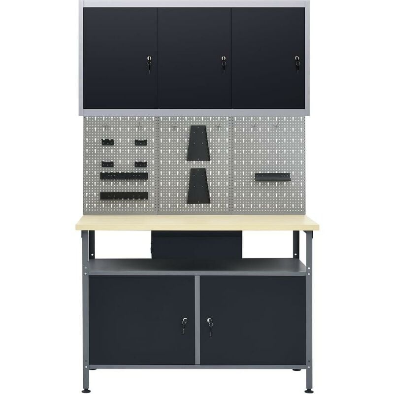 Etabli 120 cm et 3 panneaux muraux et 1 armoire atelier table de travail gris noir - Gris