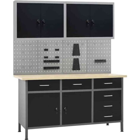 Établi avec 4 panneaux muraux et 2 armoires Etabli d'atelier - Étagère de stockage BV577250 - BonneVie