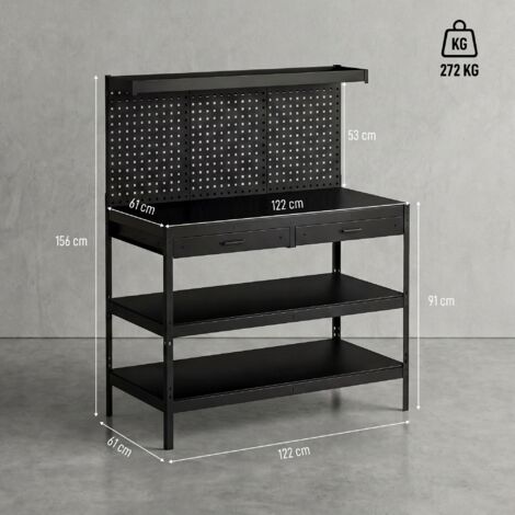 Établi avec étagères réglables, poste de travail robuste avec panneau perforé et 2 tiroirs, 122 x 61 x 156 cm, noir