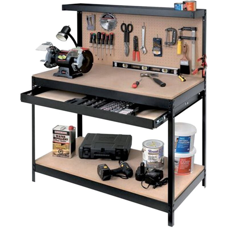 Ferramenta1.com - Etabli en acier peint avec e'tage're porte-outils et tiroir coulissant cm120x60x155