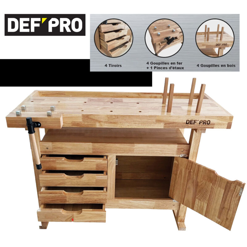 Domac – Établi d'atelier en bois d'hévéa 120 x 50 cm – 4 tiroirs et armoire de rangement – Charge maximale 200 kg – Hauteur de travail 82 cm