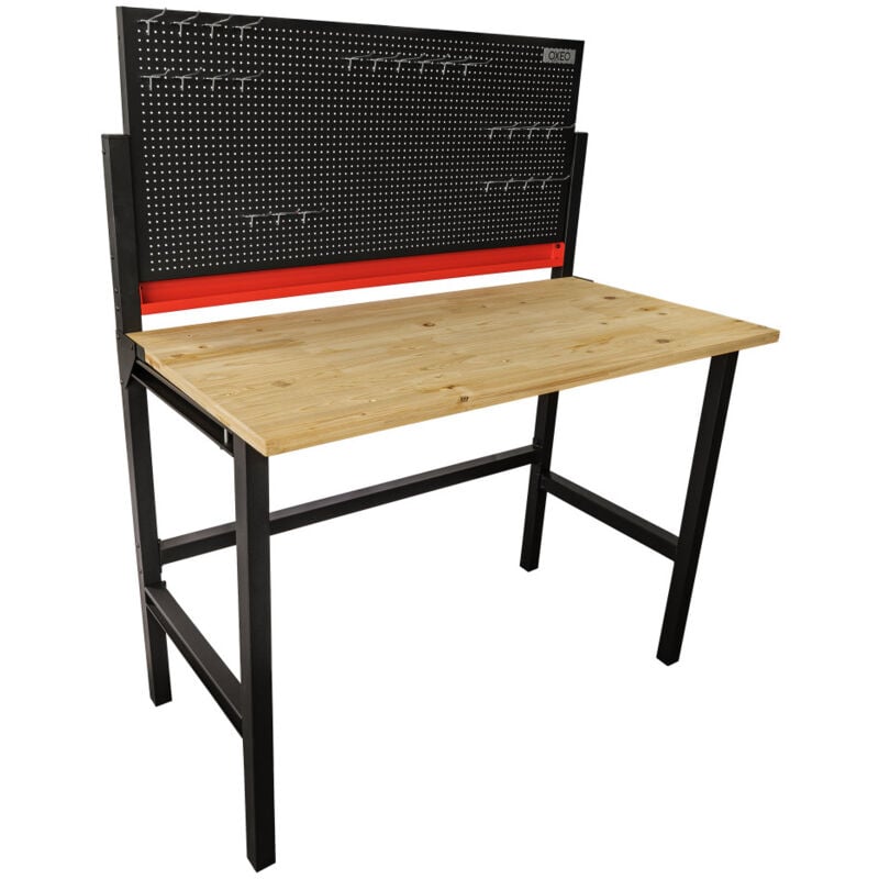 Tabli d'atelier pliable mural - 120 x 64 x 147cm - Panneau acier perforé - 25 crochets - Plateau bois ép 25mm
