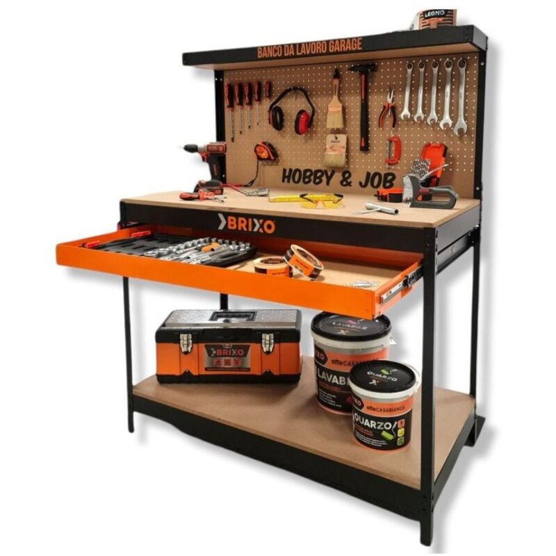 Etabli d'Atelier Garage Charge max 230 kg Plan de Travail Bois Tiroir Panneau perforé Étagère L120 xP60 x H150 cm