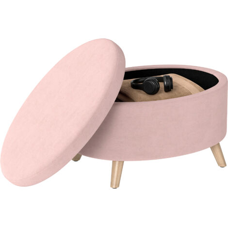 Établi de rangement ovale en forme de pouf, 71x51,5x42 cm, rembourré en velours, pieds en bois massif, rose pâle.