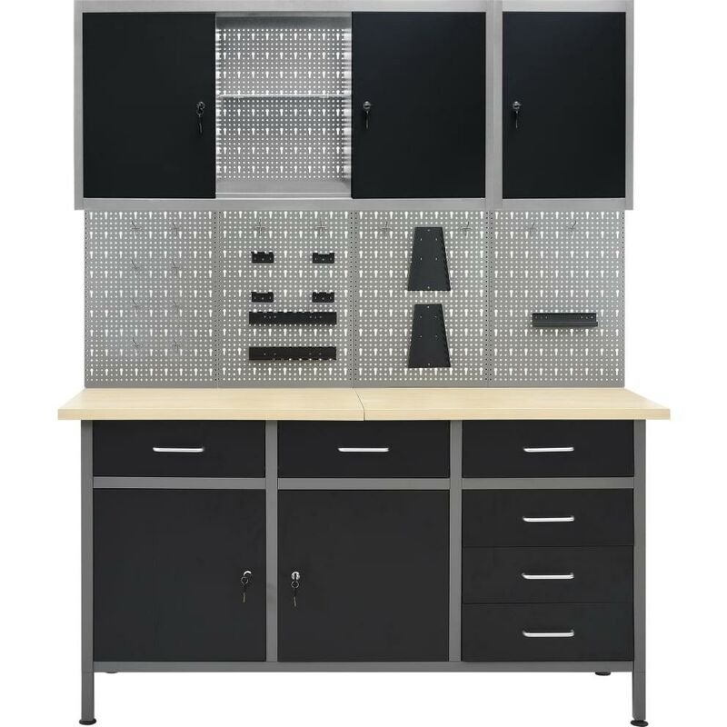 Etabli et 4 panneaux muraux et 2 armoires table de travail poste de travail rangement stockage d'outils etabli d'atelier garage