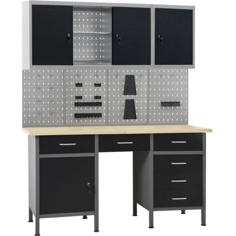 Etabli et 4 panneaux muraux et 2 armoires table de travail poste de travail stockage rangement d'outils etabli d'atelier garage