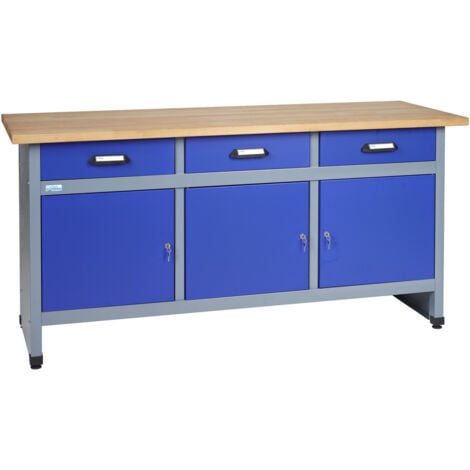 Établi Küpper 12157, 170x84x60 cm, 3 tiroirs, 3 portes, charge max. 300 kg, plan de travail en hêtre massif 30 mm