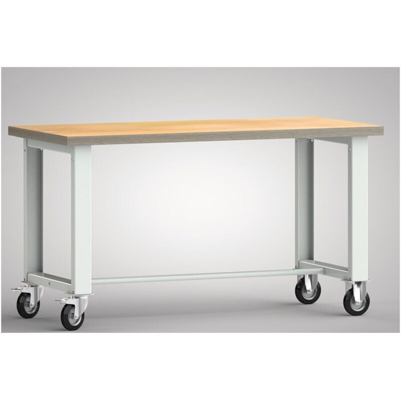 Lutz Blades - tabli l.1500xP700xH840 mm hêtre Multiplex gris clair, ral 7035 roul. fixes+pivot., caout. pl. d. 125 mm