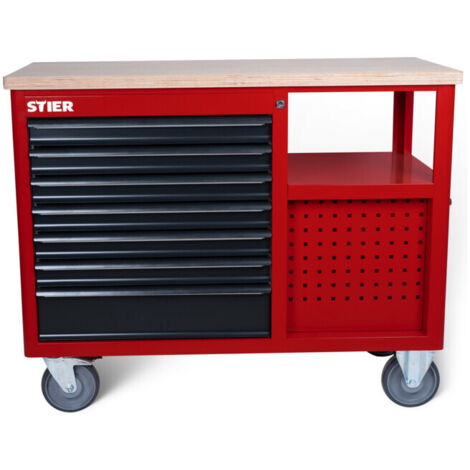 Établi mobile STIER Open Space, 11 tiroirs, rouge/gris