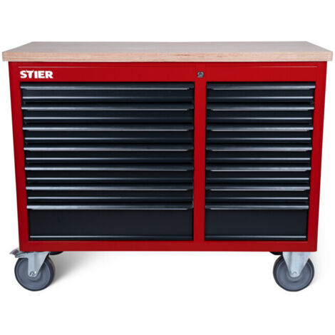 Établi mobile STIER XXL, double avec 14 tiroirs, vide, gris