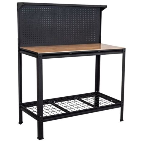 Établi d'atelier en bois d'hévéa 115 x 54 cm – Charge max 300 kg – Panneau perforé pour rangement – Châssis métallique noir mat – Feroce