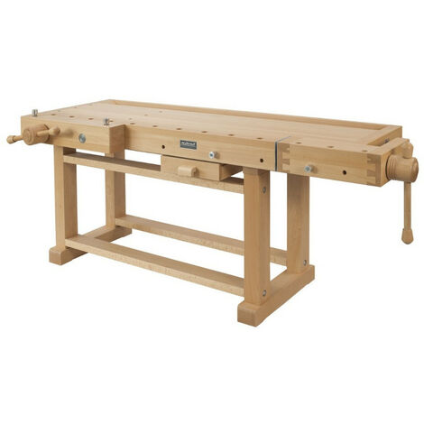 Établi en bois de hêtre massif 2165x855x870 mm – Épaisseur plateau 80 mm – Étau avant 700 mm – Rangement intégré – Ramia