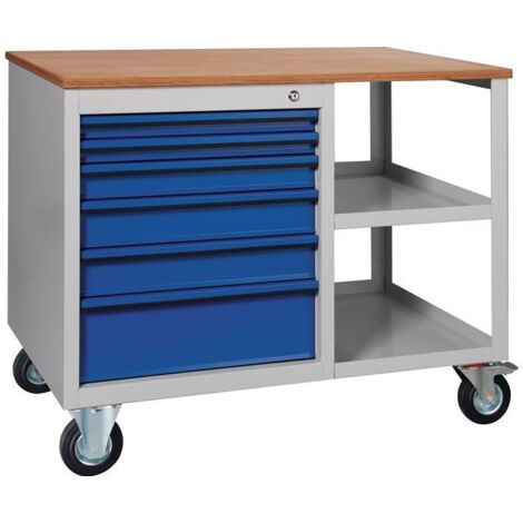 Établi PW 700 l1000xP620xH805 mm hêtre Multiplex gris clair / bleu gentiane 6 tiroirs