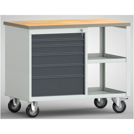 Établi PW 700 l.1000xP620xH805 mm hêtre Multiplex gris clair, RAL 7035 gris anthracite, RAL 7016 6 tiroirs