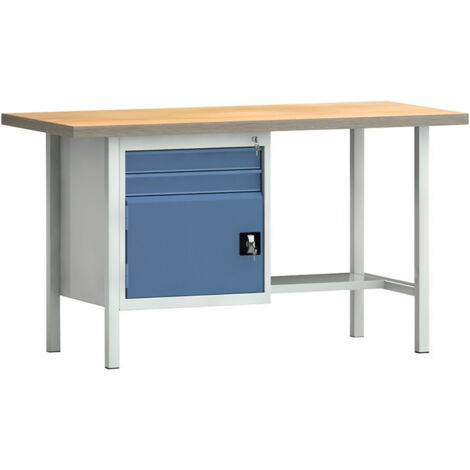 Établi PW 700 l.1500xP700xH840 mm hêtre Multiplex gris clair, RAL 7035 bleu brill., RAL 5007 2 tiroirs 1 porte