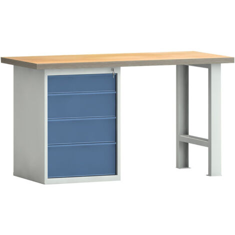 Établi PW 700 l.2000xP700xH840 mm hêtre Multiplex gris clair, RAL 7035 bleu brill., RAL 5007 4 tiroirs