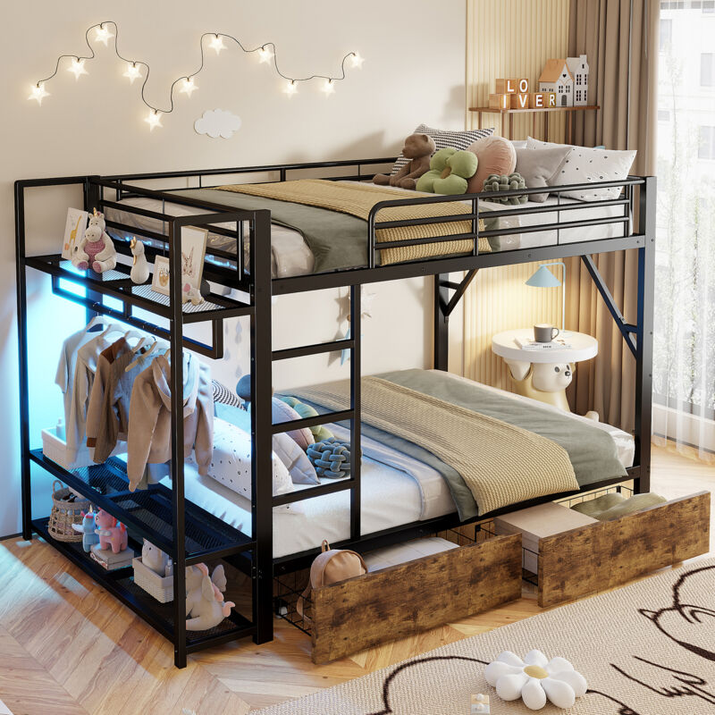 Modenvie Etagenbett 140×200 Cm, Doppelbett Mit 2 Schubladen, Ablageflächen, Led Verstellbar Und Kleiderstange, Ohne Matratze, Schwarz