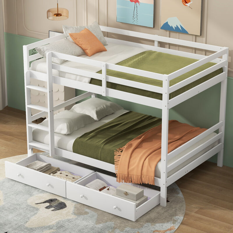Modenvie Etagenbett 140×200 Cm, Doppelbett Mit Stauraum, 2 Schubladen Und Hohem Geländer, Ohne Matratze, Weiß