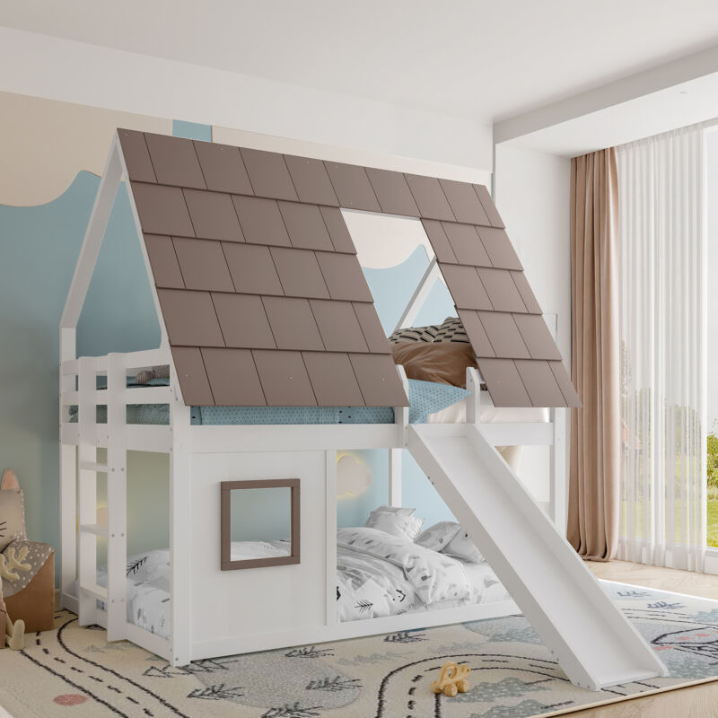Mivray Etagenbett 140x200 Cm Mit Kiefer- Und Mdf-struktur, Dach Mit Rutsche