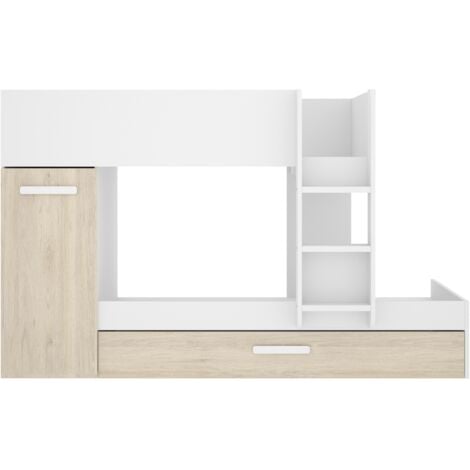 ABITARE Etagenbett 244x150 cm mattweiß und Eiche natur mit Kleiderschrank - Krems