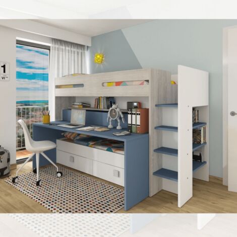 Etagenbett 6070 weiß hellblau mit ausziehbarem Schreibtisch