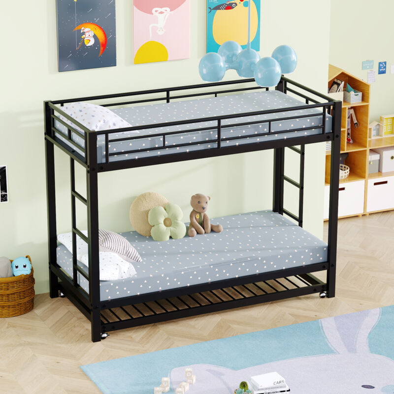 Modenvie Etagenbett 90×200 Cm, Bett 3 Plätze Mit Ausziehbett, Hohe Geländer Und 24 Latten, Ohne Matratze, Aus Metall, Schwarz