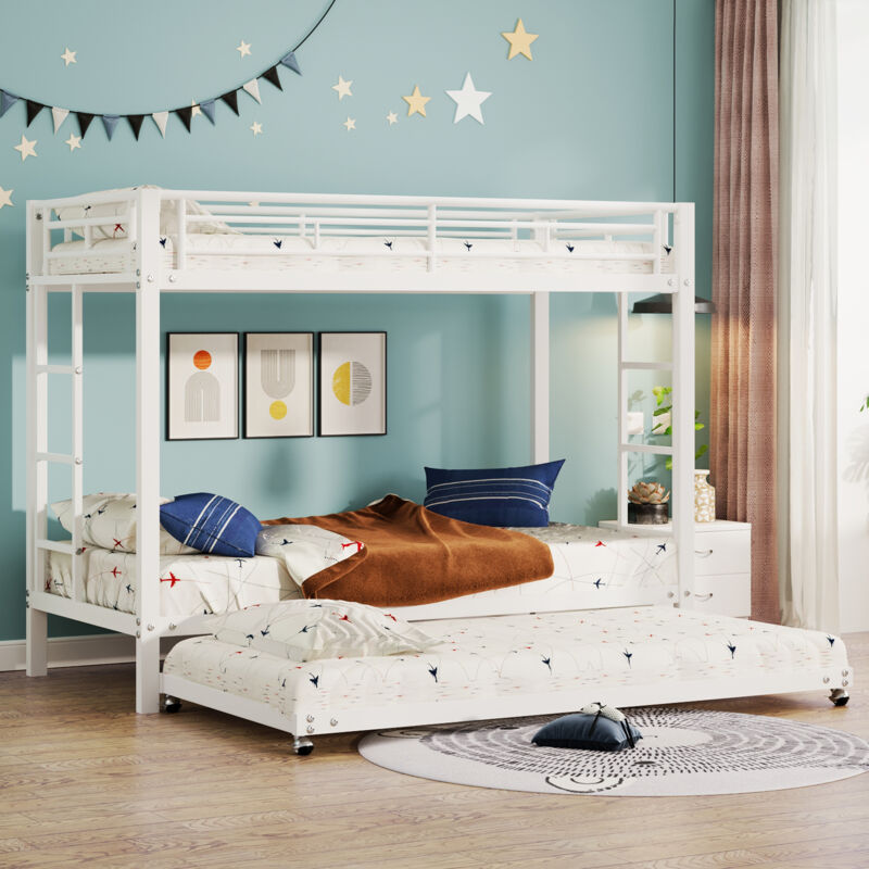 Modenvie Etagenbett 90×200 Cm, Bett 3 Plätze Mit Ausziehbett, Hohe Schutzgeländer Und Metallrahmen, Ohne Matratze, Weiß
