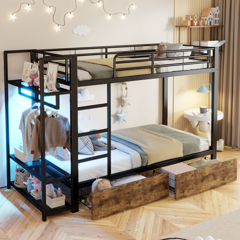 Modenvie Etagenbett 90×200 Cm, Einzelbett Mit 2 Schubladen, Ablageflächen Und Led Verstellbar, Ohne Matratze, Aus Metall, Schwarz