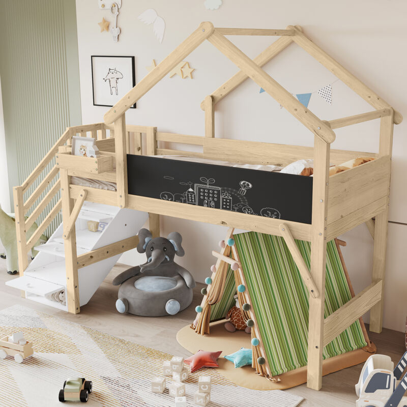 Modenvie Etagenbett 90×200 Cm, Einzelbett Mit 3 Schränken In Der Treppe, Kreidetafel Und Dachdesign, Ohne Matratze, Aus Holz, Weiß Natur