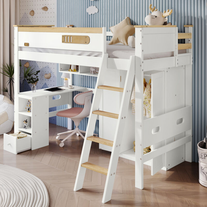 Modenvie Etagenbett 90×200 Cm, Einzelbett Mit Rausfallschutz, Schreibtisch, Kleiderschrank Und Regalen, Ohne Matratze, Weiß Natur