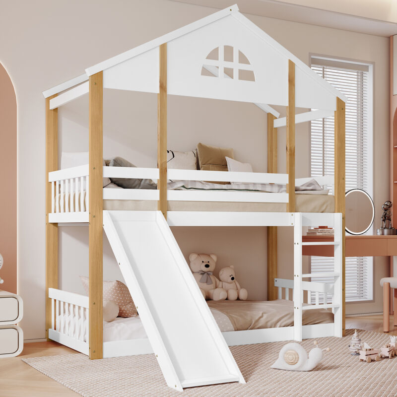 Modenvie Etagenbett 90×200 Cm, Einzelbett Mit Rutsche, 3 Stufen Treppe Und Fenster, Ohne Matratze, Aus Holz, Weiß Und Natur