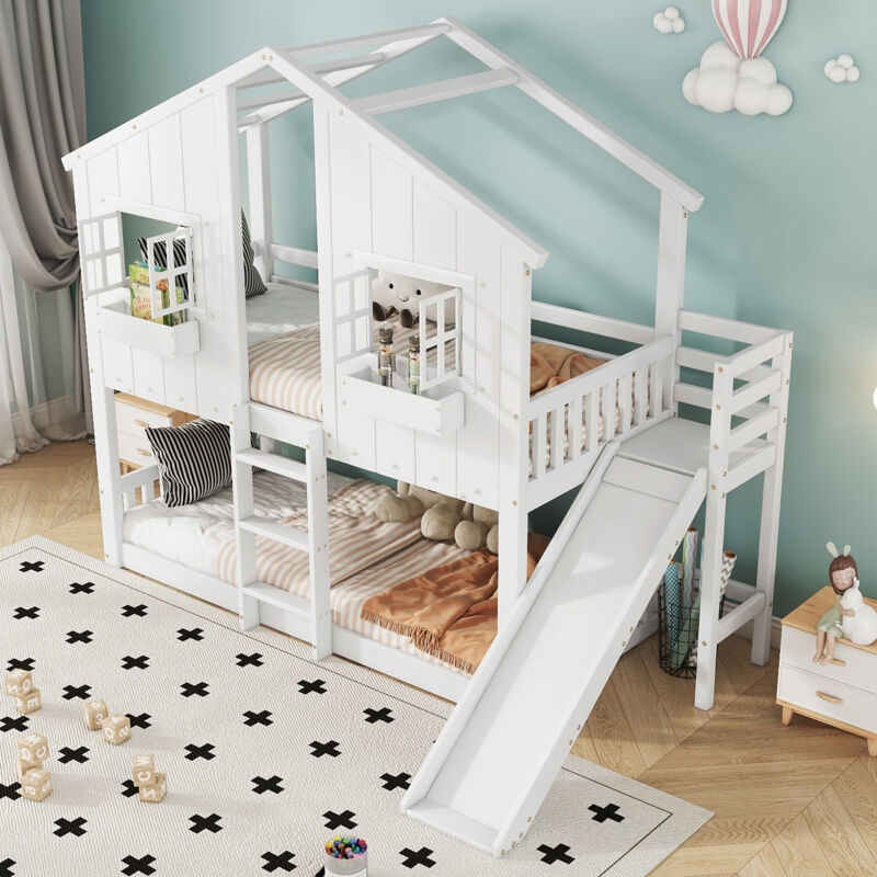 Modenvie Etagenbett 90×200 Cm, Einzelbett Mit Rutsche, Dach, Fenstern Und 3 Stufiger Leiter, Ohne Matratze, Weiß Natur