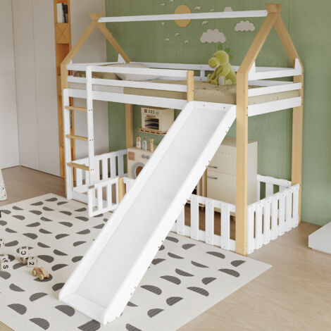 Etagenbett 90×200 cm, Einzelbett mit Rutsche, Leiter und Spielbereich mit Umrandung, ohne Matratze, Weiß und Natur
