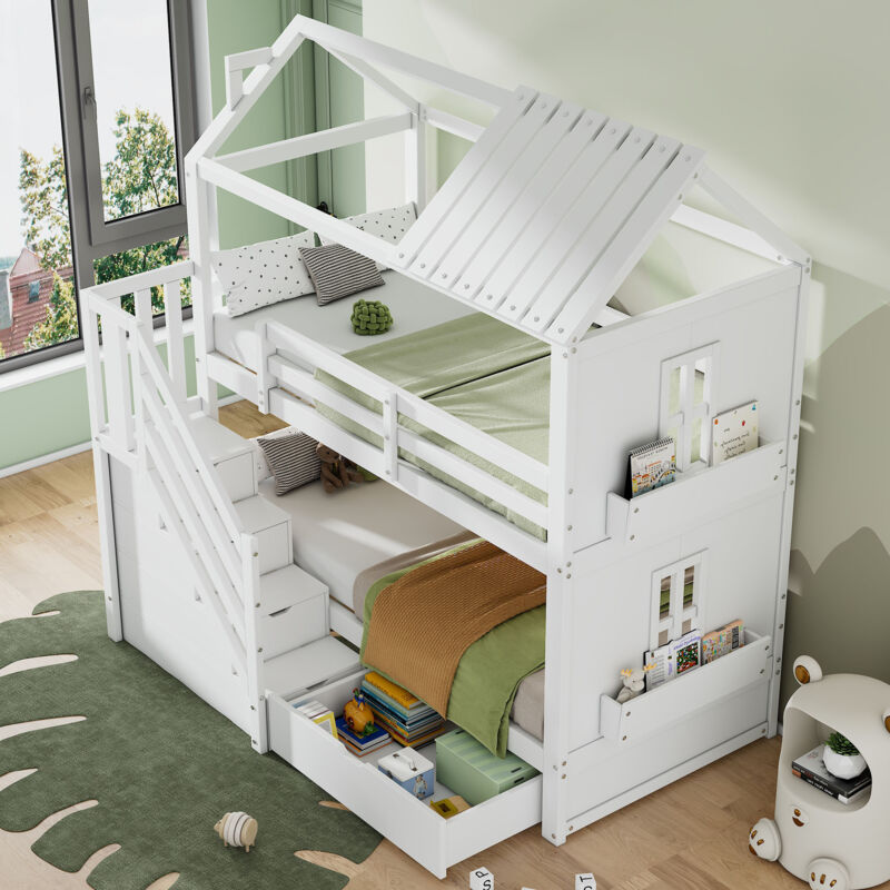 Modenvie Etagenbett 90×200 Cm, Einzelbett Mit Stauraumtreppe, Schubladen Und Regalen, Ohne Matratze, Aus Massivholz Und Mdf, Weiß