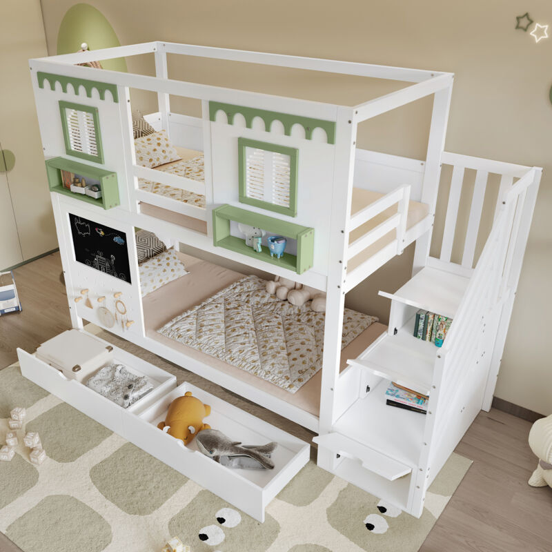Modenvie Etagenbett 90×200 Cm, Einzelbett Mit Treppe Stauraum, 2 Schubladen, Lochbrett Und Tafel, Ohne Matratze, Weiß Grün