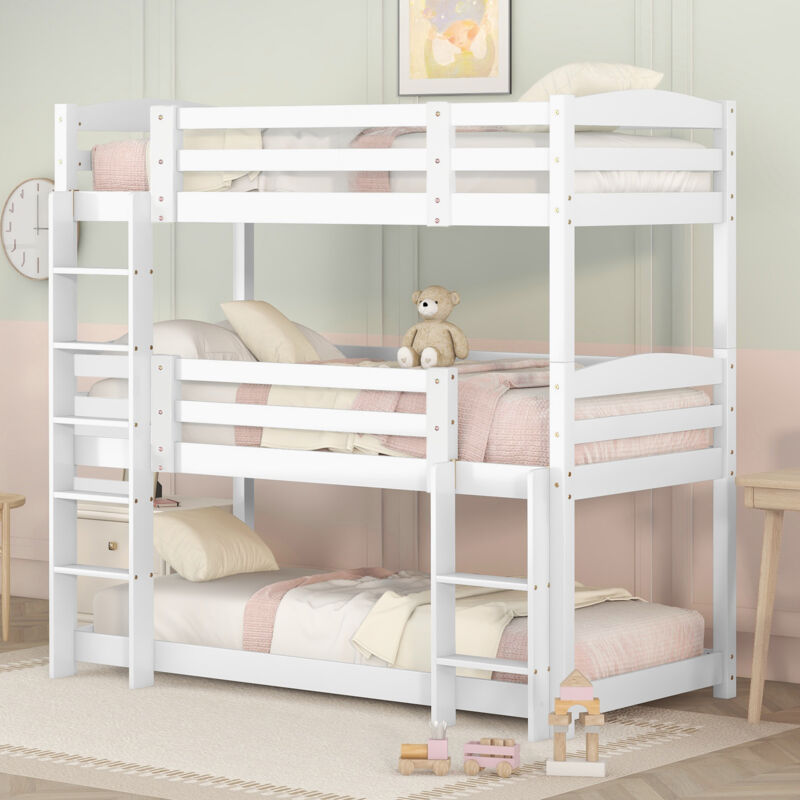 Modenvie Etagenbett 90×200 Cm, Etagenbett 3 Plätze Mit 2 Leitern Und Absturzsicherung, Ohne Matratze, Aus Kiefer, Weiß