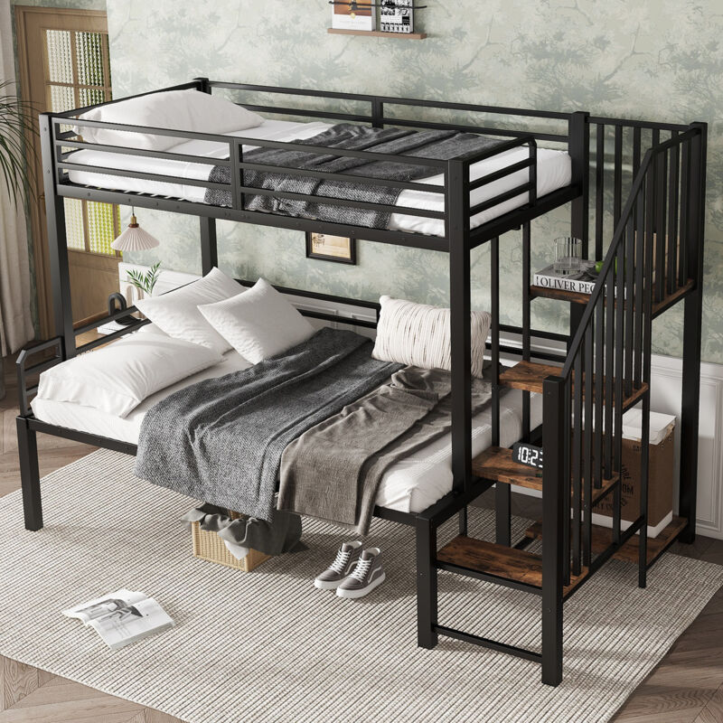 Modenvie Etagenbett 90×200 Cm Und 120×200 Cm, Etagenbett 3 Plätze Mit Ecktreppe, Stauraum Und Schutzgittern, Ohne Matratze