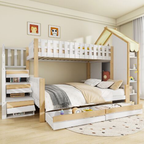Etagenbett 90×200 cm und 140×200 cm, Bett 3 Plätze mit Aufbewahrungsleiter, 4 Schubladen und Schutzgitter, ohne Matratze, Weiß Natur