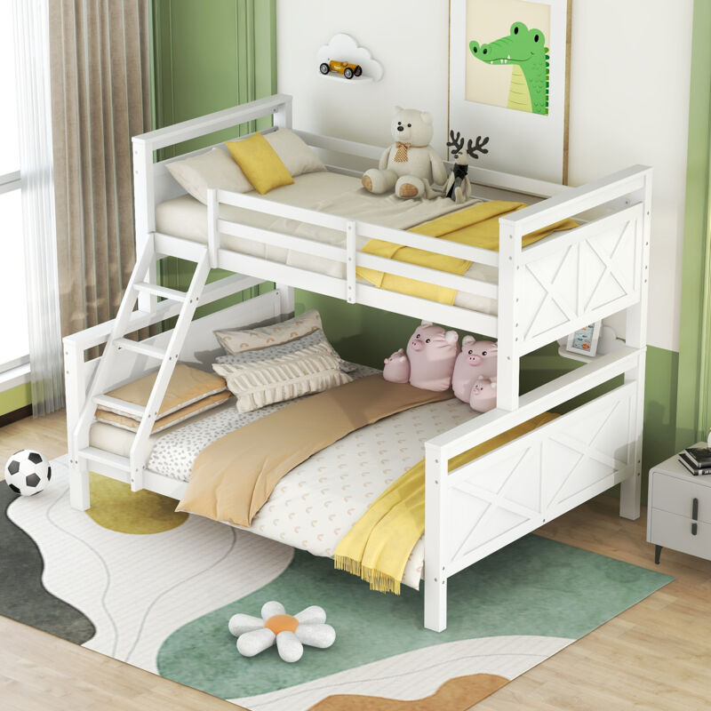 Modenvie Etagenbett 90×200 Cm Und 140×200 Cm, Bett 3 Plätze Mit Schrägleiter Und Sicherheitsgeländer, Ohne Matratze, Weiß
