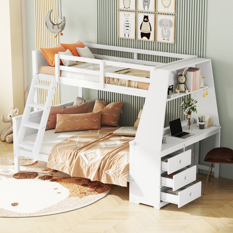 Modenvie Etagenbett 90×200 Cm Und 140×200 Cm, Bett 3 Plätze Mit Schreibtisch, Regalen Und 3 Schubladen, Ohne Matratze, Weiß