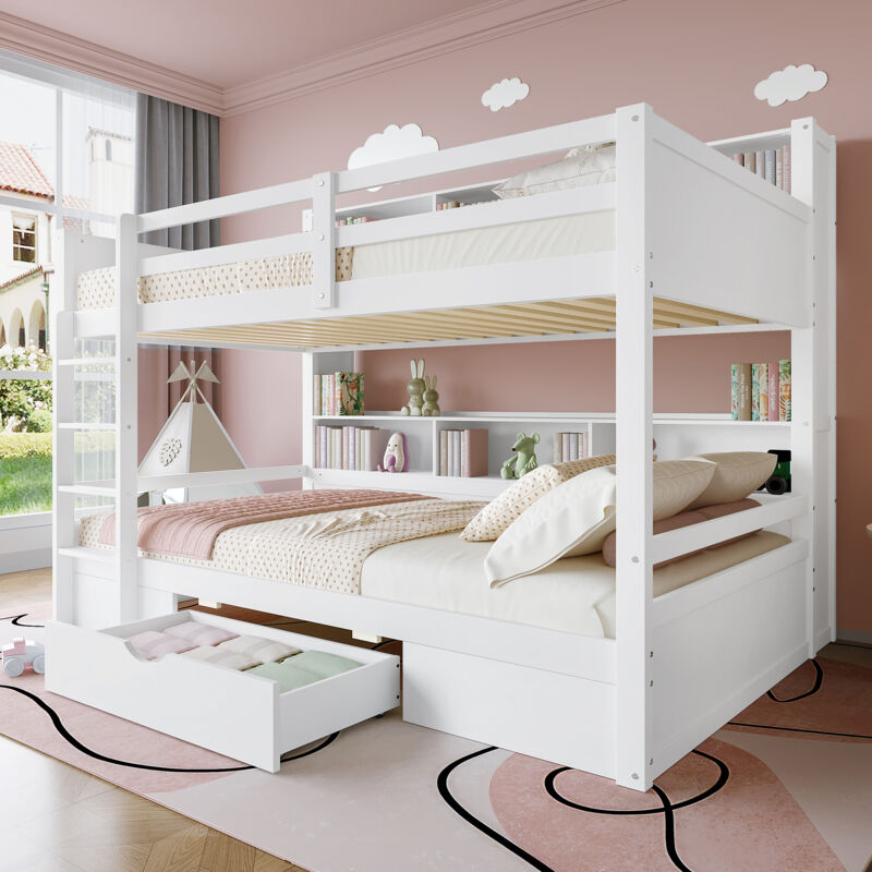 Modenvie Etagenbett 90×200 Cm Und 90×200 Cm, Bett 2 Personen Mit Schublade, Ablagefächern Und Rausfallschutz, Ohne Matratze, Weiß